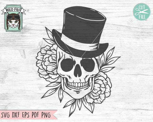 Skull with Top Hat Flowers svg file, Floral Skull with Hat svg, Skull cut file, Tophat Skull svg file, halloween svg, Steampunk svg, gothic svg, witchy svg SVG Wild Pilot 