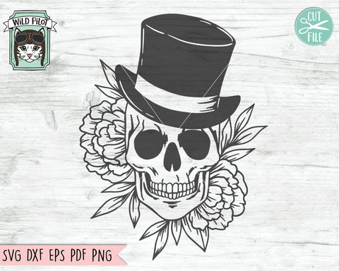 Skull with Top Hat Flowers svg file, Floral Skull with Hat svg, Skull cut file, Tophat Skull svg file, halloween svg, Steampunk svg, gothic svg, witchy svg SVG Wild Pilot 