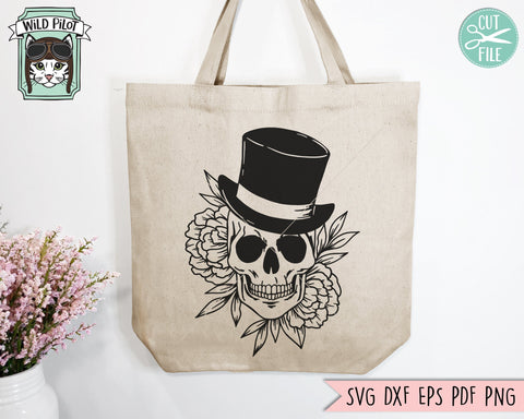 Skull with Top Hat Flowers svg file, Floral Skull with Hat svg, Skull cut file, Tophat Skull svg file, halloween svg, Steampunk svg, gothic svg, witchy svg SVG Wild Pilot 