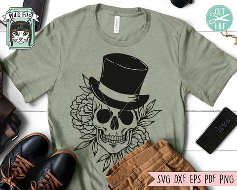 Skull with Top Hat Flowers svg file, Floral Skull with Hat svg, Skull cut file, Tophat Skull svg file, halloween svg, Steampunk svg, gothic svg, witchy svg SVG Wild Pilot 