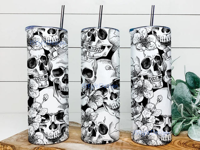 Skulls And Black Flowers Tumbler PNG, Skull Halloween 20oz Skinny Tumbler Sublimation Designs for Straight/Tapered Tumbler Design - PNG Digital Download Sublimation BouDesign 