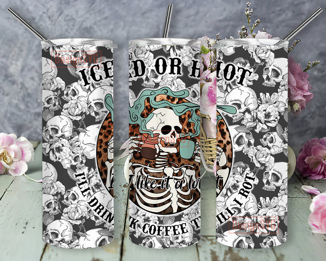 Skulls And Flower Full Tumbler Wrap, Iced or Hot I Like It A Lot 20oz Skinny Tumbler, Skeleton Coffee Leopard Tumbler Png, Coffee Skull Sublimation Design, Instant Download Sublimation DesignSVG 