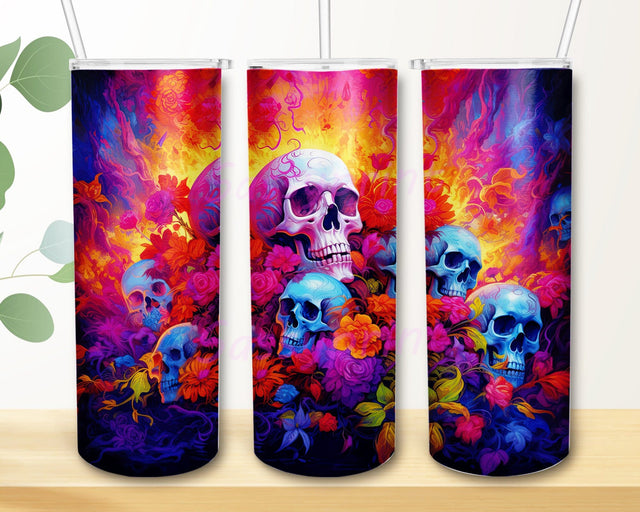 Skulls And Flowers 20oz Skinny Tumbler Png, Neon Skull Flowers Tumbler, Colorful Skull Flowers Png, Neon Rainbow Glow in The Dark Png Sublimation sassyprint 