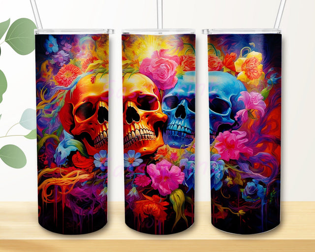 Skulls And Flowers 20oz Skinny Tumbler Png, Neon Skull Flowers Tumbler, Colorful Skull Flowers Png, Neon Rainbow Glow in The Dark Png Sublimation sassyprint 