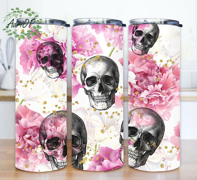 Skulls And Flowers 20oz Tumbler Wrap, Skull Tumbler Design, Floral Glitter Tumbler Png, Skulls Tumbler With Lid And Straw, Instant Download Sublimation AdriOP 