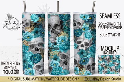 Skulls and Flowers Skinny Tumbler Sublimation Design Teal Flowers Seamless 20oz Skinny Tumbler Design Sublimation Jula Bay Design Studio 