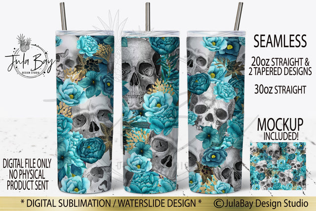 Skulls and Flowers Skinny Tumbler Sublimation Design Teal Flowers Seamless 20oz Skinny Tumbler Design Sublimation Jula Bay Design Studio 