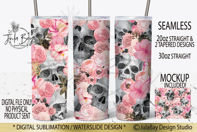 Skulls and Pink Flowers Skinny Tumbler Wrap PNG Full Tumbler Sublimation Design Sublimation Jula Bay Design Studio 