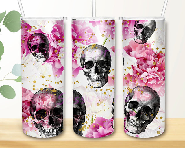 Skulls And Pink Flowers Tumbler Design, Sublimation Designs Downloads, Skinny Tumbler 20oz Design Sublimation sassyprint 