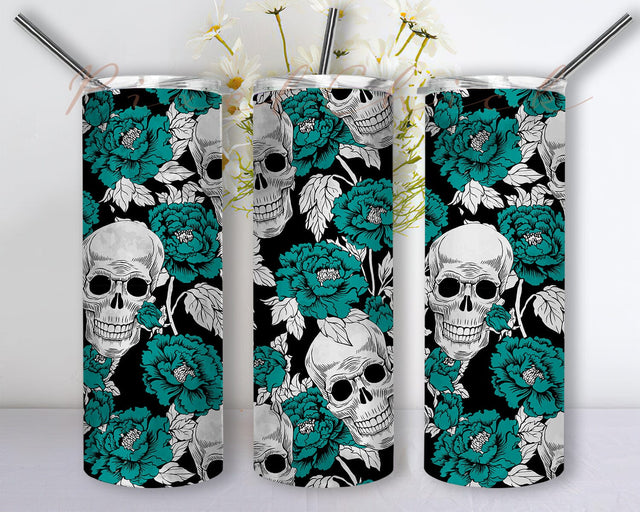 Skulls And Teal Flowers 20oz Tumbler Design Png, Skull Full Tumbler Wrap, Floral Skull Halloween Tumbler Wrap, Navy Blue Floral Tumbler Sublimation PixelChick 