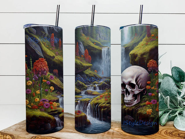 Skulls Wildflowers And Waterfall 20oz Skinny Tumbler Png, Skulls Wildflowers Water Falls Wallpaper, Halloween Design Sublimation, Wildflowers And Waterfall Tumbler Sublimation iStyleDesign 