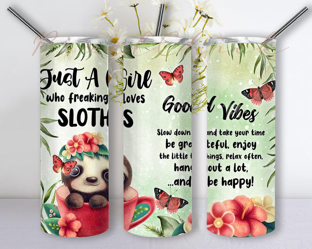 Sloth Coffee 20oz Skinny Tumbler Png, Just A Girl Who Loves Sloths Cup With Lid Animal Tumbler, Sloth Lover, Animal Lover, Loves Sloths Sublimation PixelChick 
