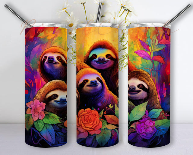 Sloth Family 20oz Skinny Tumbler Png, Sloth In Their Natural Habitat Tumbler, Sloth Family With Flowers Tumbler, Cute Sloth Tumbler Sublimation Design Sublimation PixelChick 