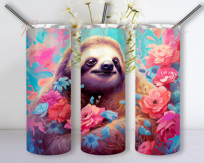 Sloth Flowers 20oz Skinny Tumbler Png, Sloth Flowers Tumbler, Sloth Lover Gift, Sloth Flower Sublimation Design, Sloth Colorful Flowers Tumbler Sublimation PixelChick 