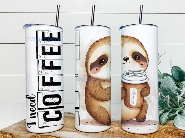 Sloth I Need Coffee 20oz Skinny Tumbler Png, Sloth Tumbler, Sloth Coffee Travel Tumbler, Sloth Stainless Steel Tumbler, Baby Sloth Tumbler Sublimation iStyleDesign 