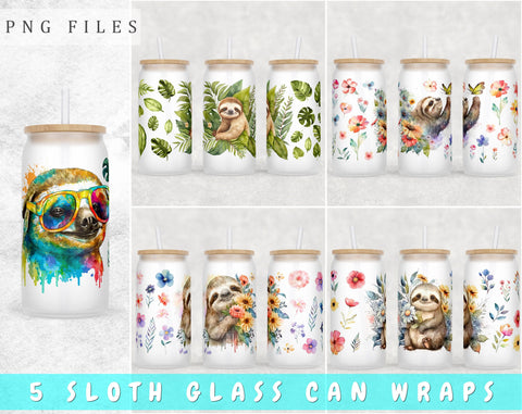 Sloth Libbey Glass Can Wraps, 16 Oz Glass Can Sublimation Designs, Sloth Glass Can PNG Files, Sloth Glass Can Wraps Sublimation HappyDesignStudio 