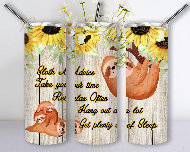 Sloth Rustic Wood Print Yellow Flowers Sublimation Tumbler Designs, 20oz Skinny Wraps Templates PNG Sublimation PixelChick 