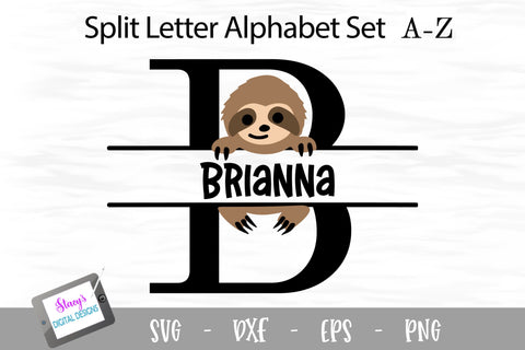 Sloth Split Letters A - Z - 26 Split Monogram SVG Files SVG Stacy's Digital Designs 