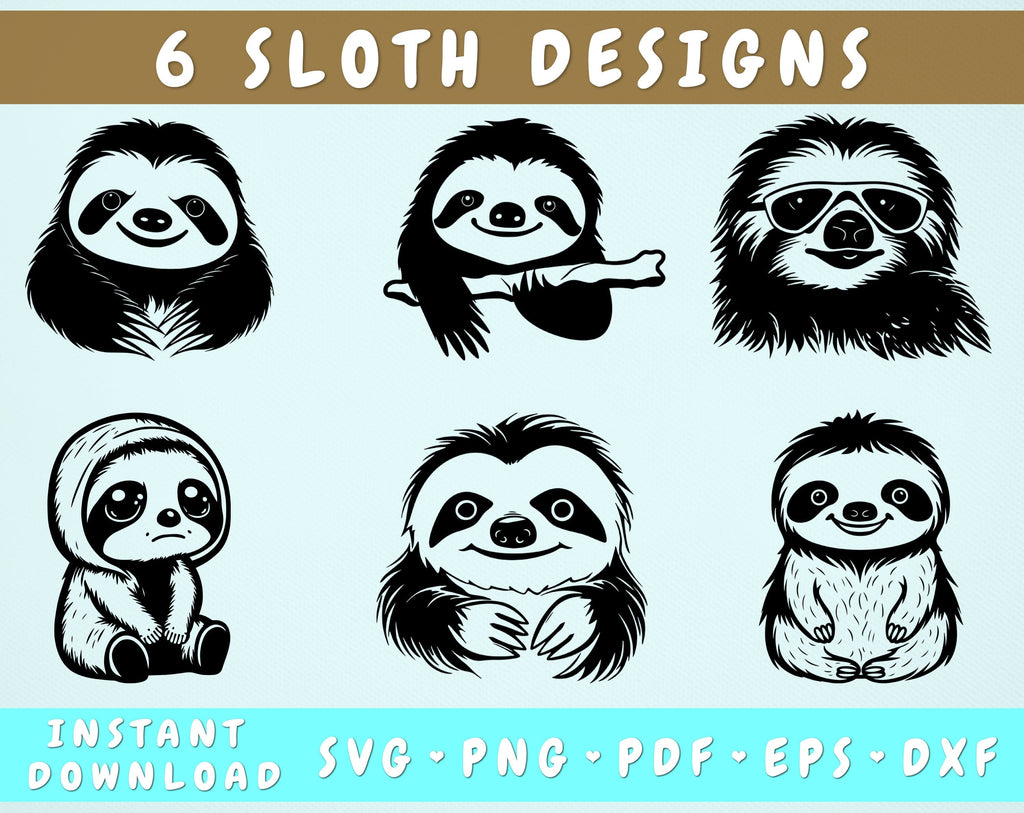 Sloth SVG Bundle, 6 Designs, Sloth PNG, Sloth Clipart - So Fontsy
