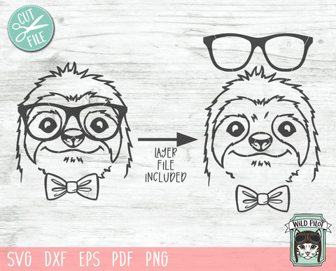 Sloth svg file, Sloth with Glasses Bowtie svg, Sloth cut file, Animal Face svg, Cute Boy Sloth svg, Cute Sloth Face svg, Sloth Eyeglasses svg SVG Wild Pilot 