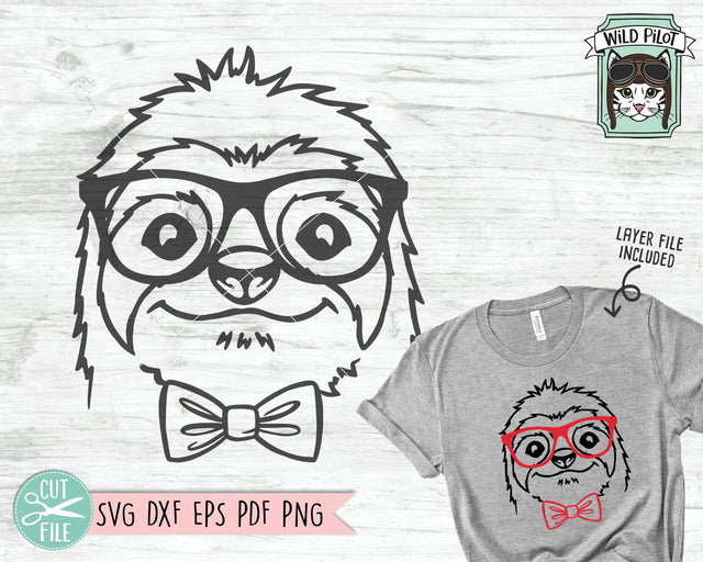 Sloth svg file, Sloth with Glasses Bowtie svg, Sloth cut file, Animal Face svg, Cute Boy Sloth svg, Cute Sloth Face svg, Sloth Eyeglasses svg SVG Wild Pilot 