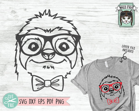 Sloth svg file, Sloth with Glasses Bowtie svg, Sloth cut file, Animal Face svg, Cute Boy Sloth svg, Cute Sloth Face svg, Sloth Eyeglasses svg SVG Wild Pilot 