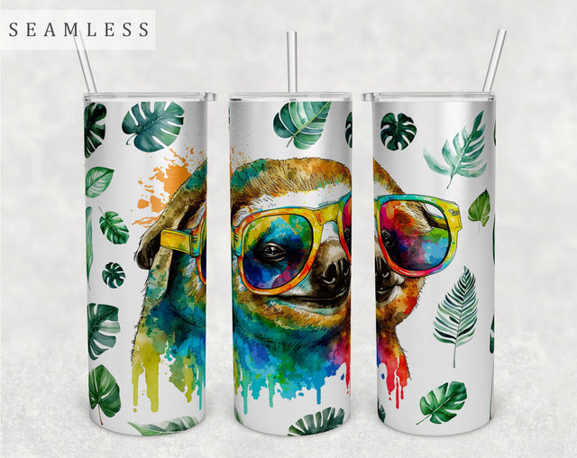 Sloth Tumbler Wrap, 20 Oz Skinny Tumbler Sublimation Design, Seamless Sloth And Tropical Leaves Tumbler PNG Sublimation HappyDesignStudio 