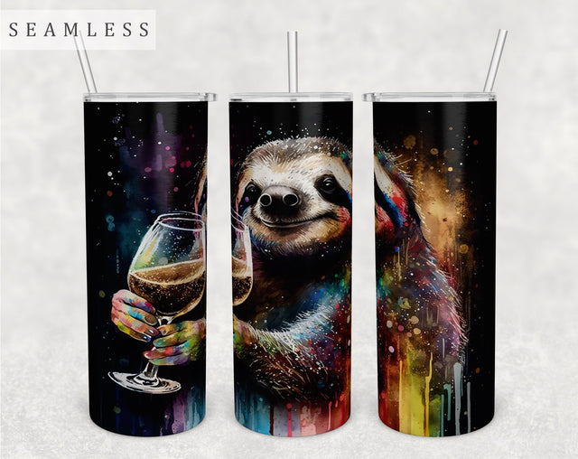 Sloth Tumbler Wrap, 20 Oz Skinny Tumbler Sublimation Design, Seamless Sloth With Wine Glass Tumbler PNG Sublimation HappyDesignStudio 
