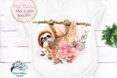 Sloth with Coffee PNG Sublimation Wispy Willow Designs 