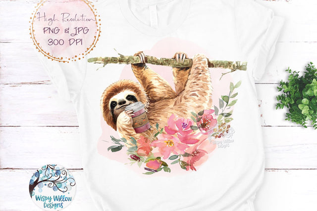 Sloth with Coffee PNG Sublimation Wispy Willow Designs 