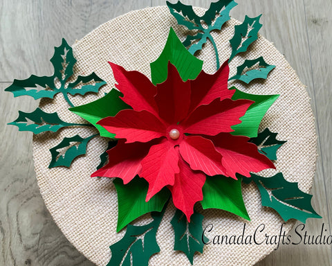Small Poinsettia Paper Flower 2 with leaf SVG CanadaCraftsStudio 