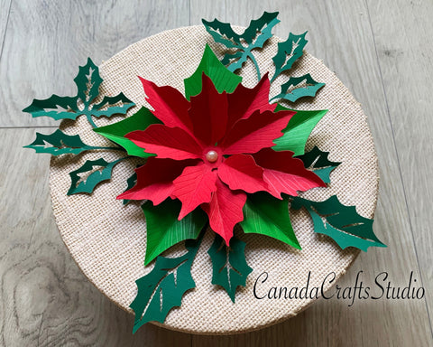 Small Poinsettia Paper Flower 2 with leaf SVG CanadaCraftsStudio 