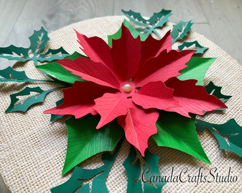 Small Poinsettia Paper Flower 2 with leaf SVG CanadaCraftsStudio 