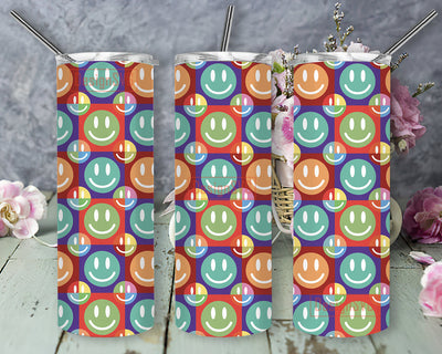 Smiley Face 20oz Full Tumbler Wrap, Checkered Happy Face Tumbler Png, Retro Happy Face Design Tumbler Template, Colorful Smiley Sublimation Design for Straight, Digital Download Sublimation DesignSVG 