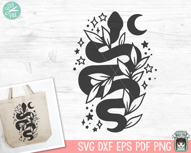 Snake SVG file, Reptile SVG, Snake PNG, Snake Clipart, Mystical svg, Snake Leaves svg, Tattoo Svg, Moon svg, Reptile png, Tattoo png SVG Wild Pilot 
