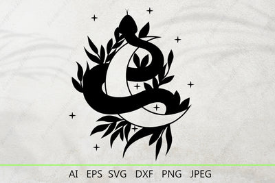 Snake with moon svg, Selestial snake with leaves silhouette, Mystical svg SVG AnastasiyaArtDesign 
