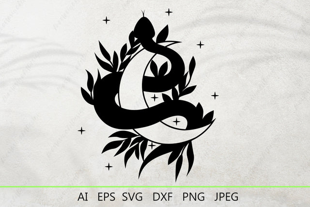 Snake with moon svg, Selestial snake with leaves silhouette, Mystical svg SVG AnastasiyaArtDesign 