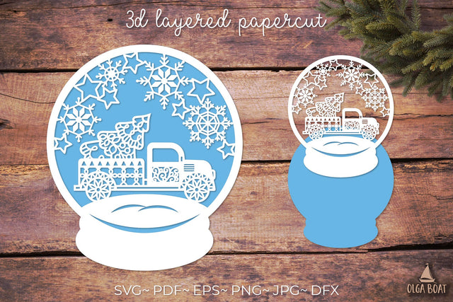 Snow globe svg papercut with Christmas truck and tree SVG Olga Boat Design 