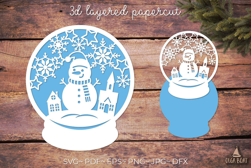 Snow globe svg papercut with Snowman and Christmas town SVG Olga Boat Design 