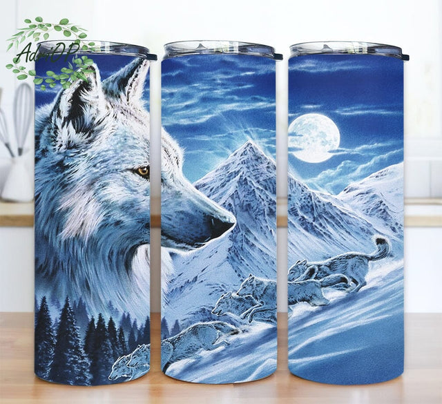 Snow Wolf 20oz Skinny Tumbler Png, Winter Snow Moon Background Wolf Tumbler, Animals Tumbler, Wolves Winter Gift For Animals Wolf Lover Sublimation AdriOP 