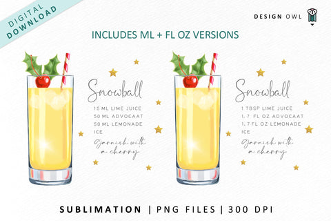 Snowball Christmas Cocktail Recipe Illustration Sublimation Design Owl 