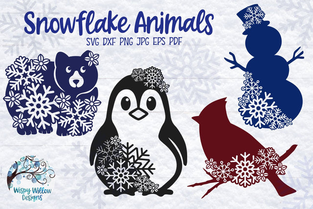 Snowflake Animals SVG Bundle | Penguin, Cardinal, Bear, Snowman SVGs SVG Wispy Willow Designs 