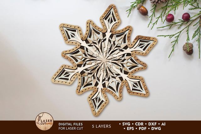SNOWFLAKE MANDALA Laser Cut Wall Decor, Wood Cut and Paper Cut Template SVG LaserCutano 