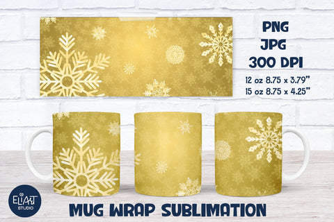 Snowflake Mug Wrap Sublimation, Golden Snowflake Design. Sublimation Elinorka 