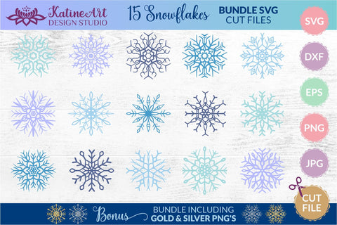 Snowflake svg bundle - 15 christmas winter clipart cut files for Cricut and Silhouette. SVG KatineArt 