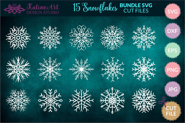 Snowflake svg bundle - 15 christmas winter clipart cut files for Cricut and Silhouette. SVG KatineArt 
