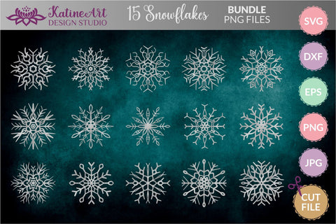 Snowflake svg bundle - 15 christmas winter clipart cut files for Cricut and Silhouette. SVG KatineArt 