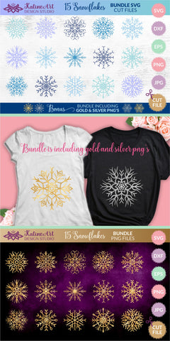 Snowflake svg bundle - 15 christmas winter clipart cut files for Cricut and Silhouette. SVG KatineArt 