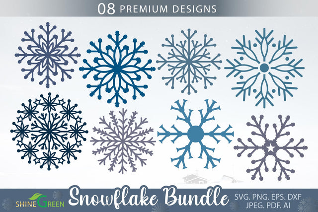 Snowflake SVG Bundle with 8 Floral Snowflakes for Winter, Christmas SVG Shine Green Art 