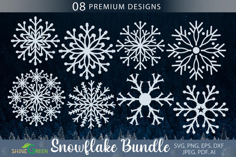 Snowflake SVG Bundle with 8 Floral Snowflakes for Winter, Christmas SVG Shine Green Art 